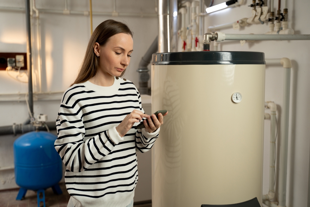 A,Young,Woman,Examines,A,Non-operational,Boiler,With,Concern,,Holding