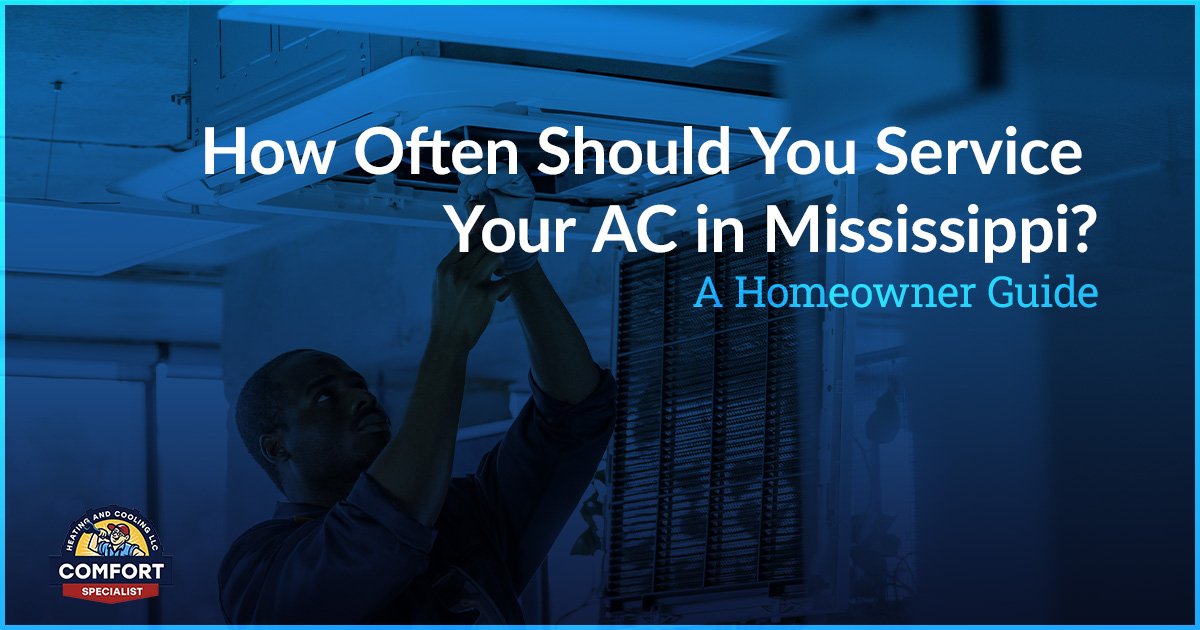 Technician performing air conditioning maintenance on indoor AC unit in Mississippi home